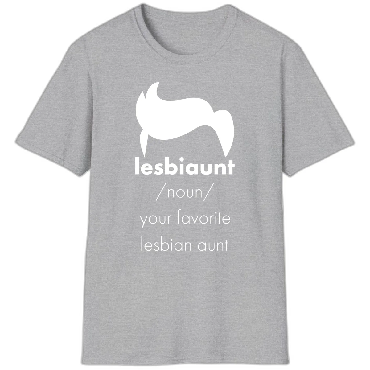Lesbiaunt design featuring stylized hair silhouette with definition text celebrating lesbian aunts in Sport Grey