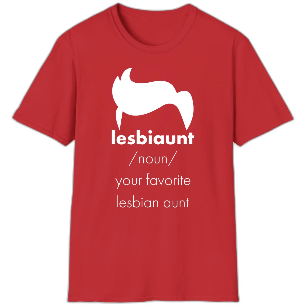 Lesbiaunt design featuring stylized hair silhouette with definition text celebrating lesbian aunts in Red