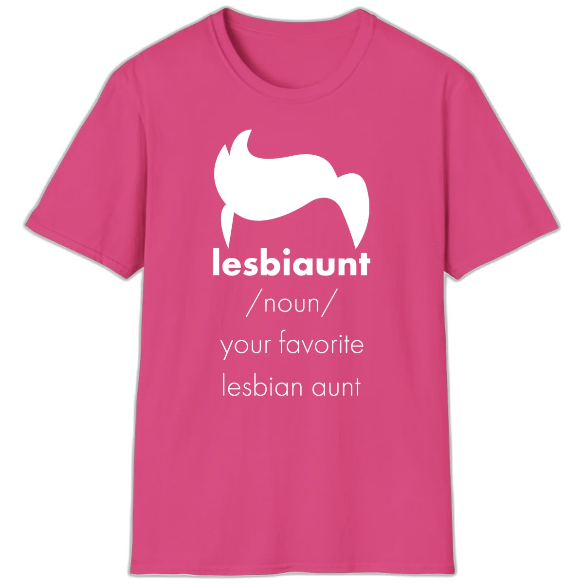 Lesbiaunt design featuring stylized hair silhouette with definition text celebrating lesbian aunts in Heliconia