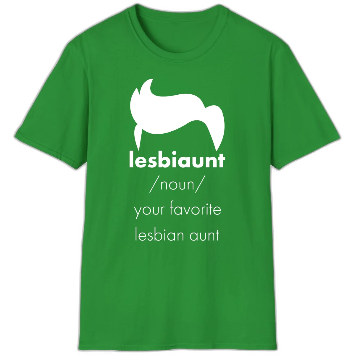 Lesbiaunt design featuring stylized hair silhouette with definition text celebrating lesbian aunts in Irish Green
