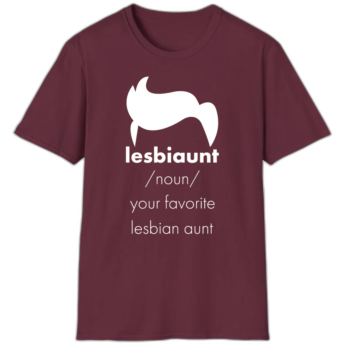 Lesbiaunt design featuring stylized hair silhouette with definition text celebrating lesbian aunts in Maroon