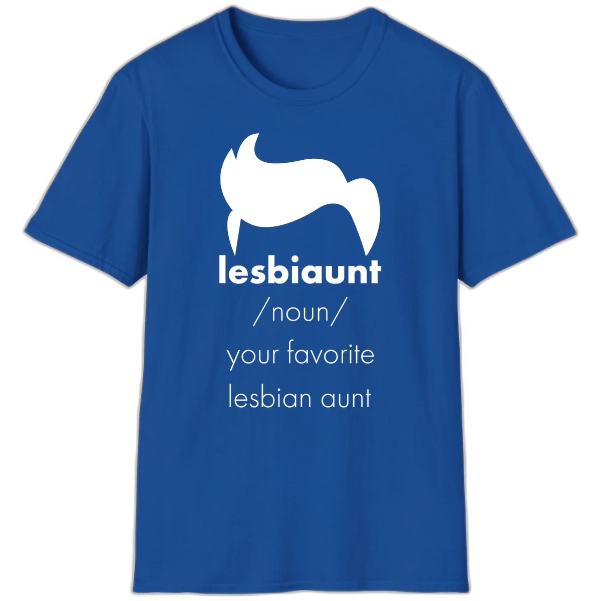 Lesbiaunt design featuring stylized hair silhouette with definition text celebrating lesbian aunts in Royal