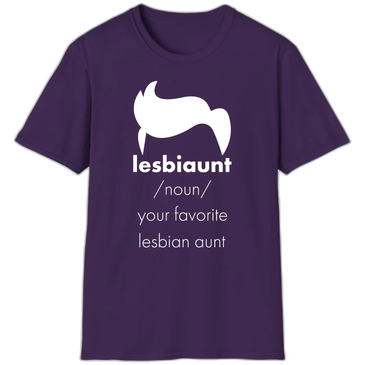 Lesbiaunt design featuring stylized hair silhouette with definition text celebrating lesbian aunts in Purple