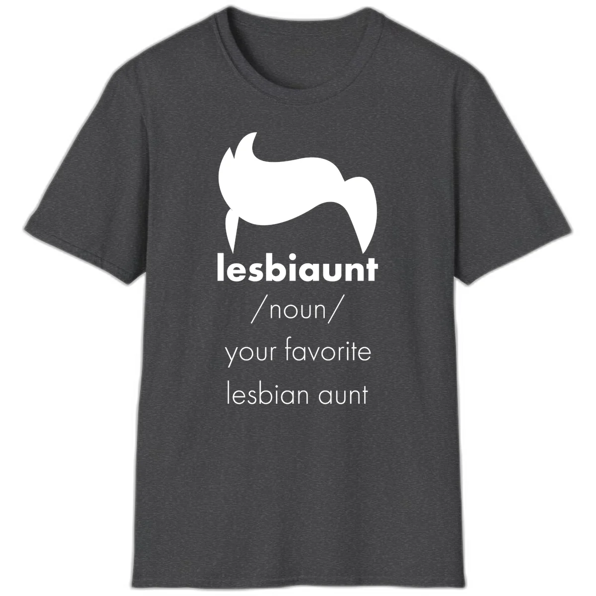 Lesbiaunt design featuring stylized hair silhouette with definition text celebrating lesbian aunts in Dark Heather