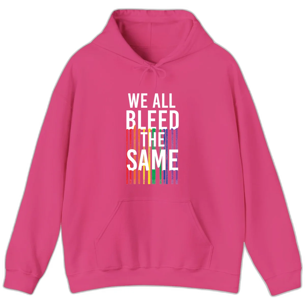 White bold text 'We All Bleed The Same' over rainbow vertical stripes in pride flag colors on gray background in Heliconia