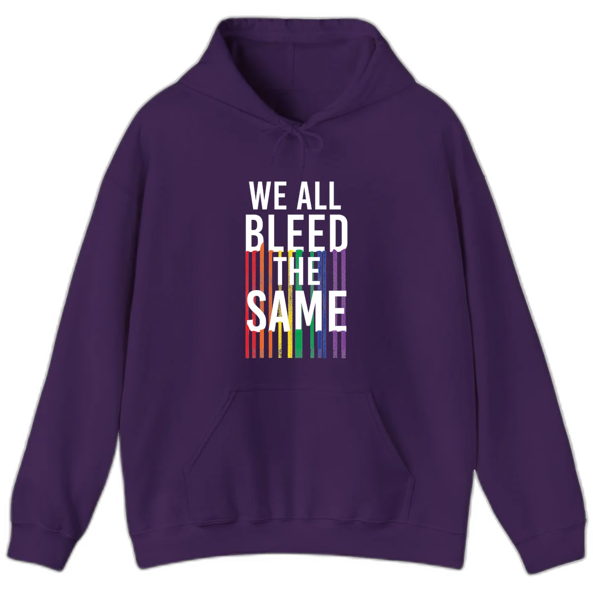 White bold text 'We All Bleed The Same' over rainbow vertical stripes in pride flag colors on gray background in Purple