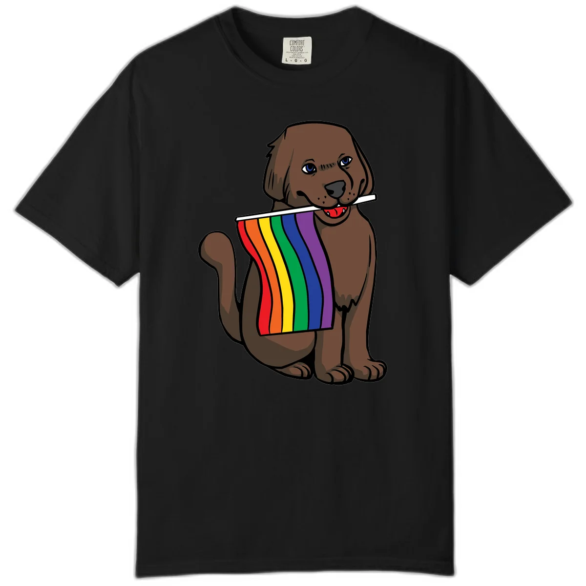 Brown dog holding rainbow pride flag with happy expression and blue eyes in Black