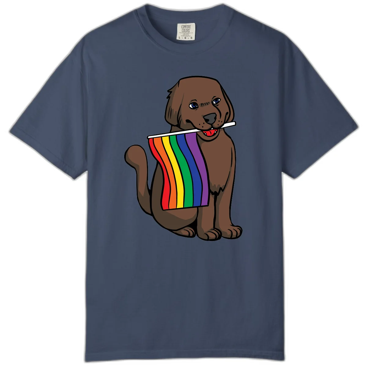 Brown dog holding rainbow pride flag with happy expression and blue eyes in Midnight