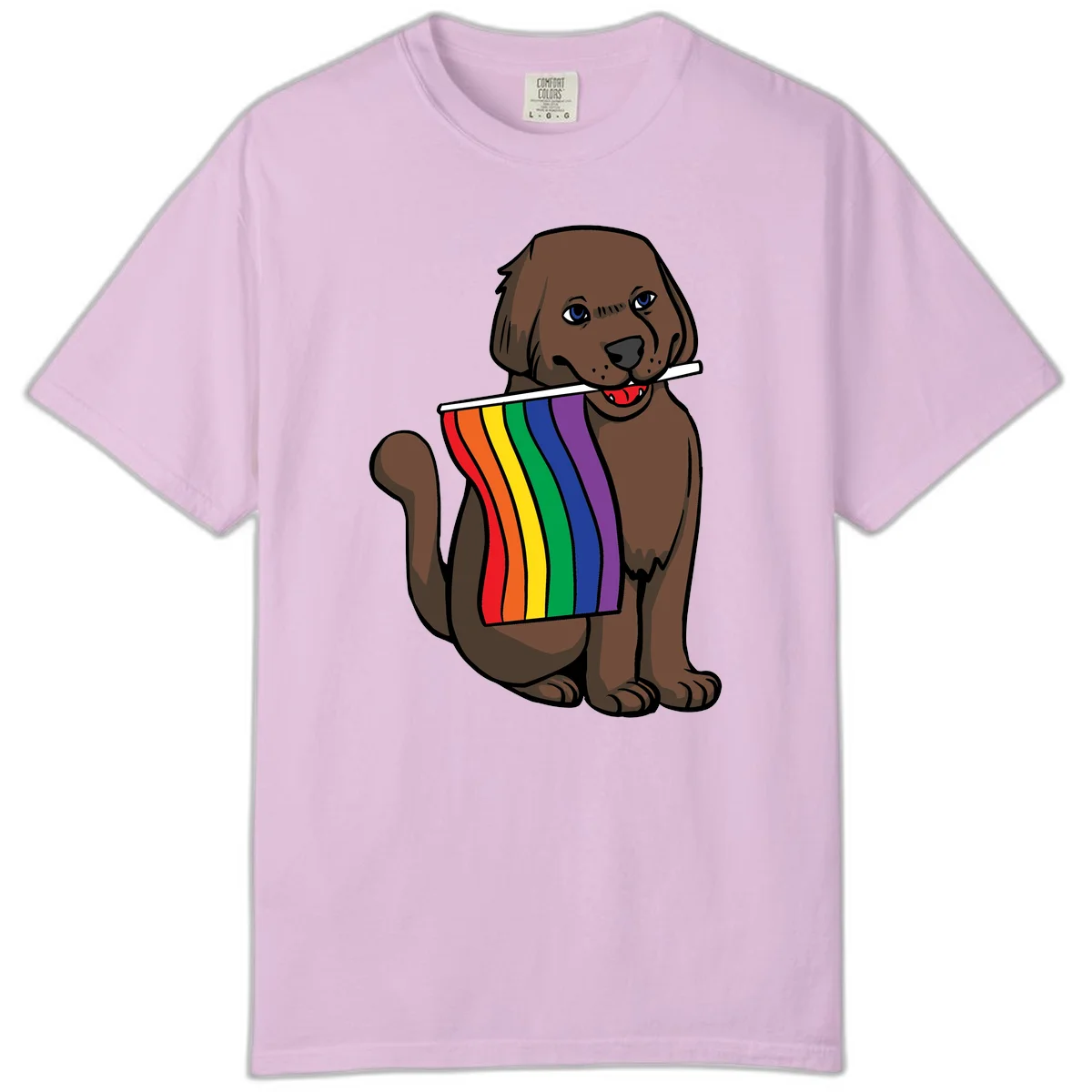 Brown dog holding rainbow pride flag with happy expression and blue eyes in Orchid