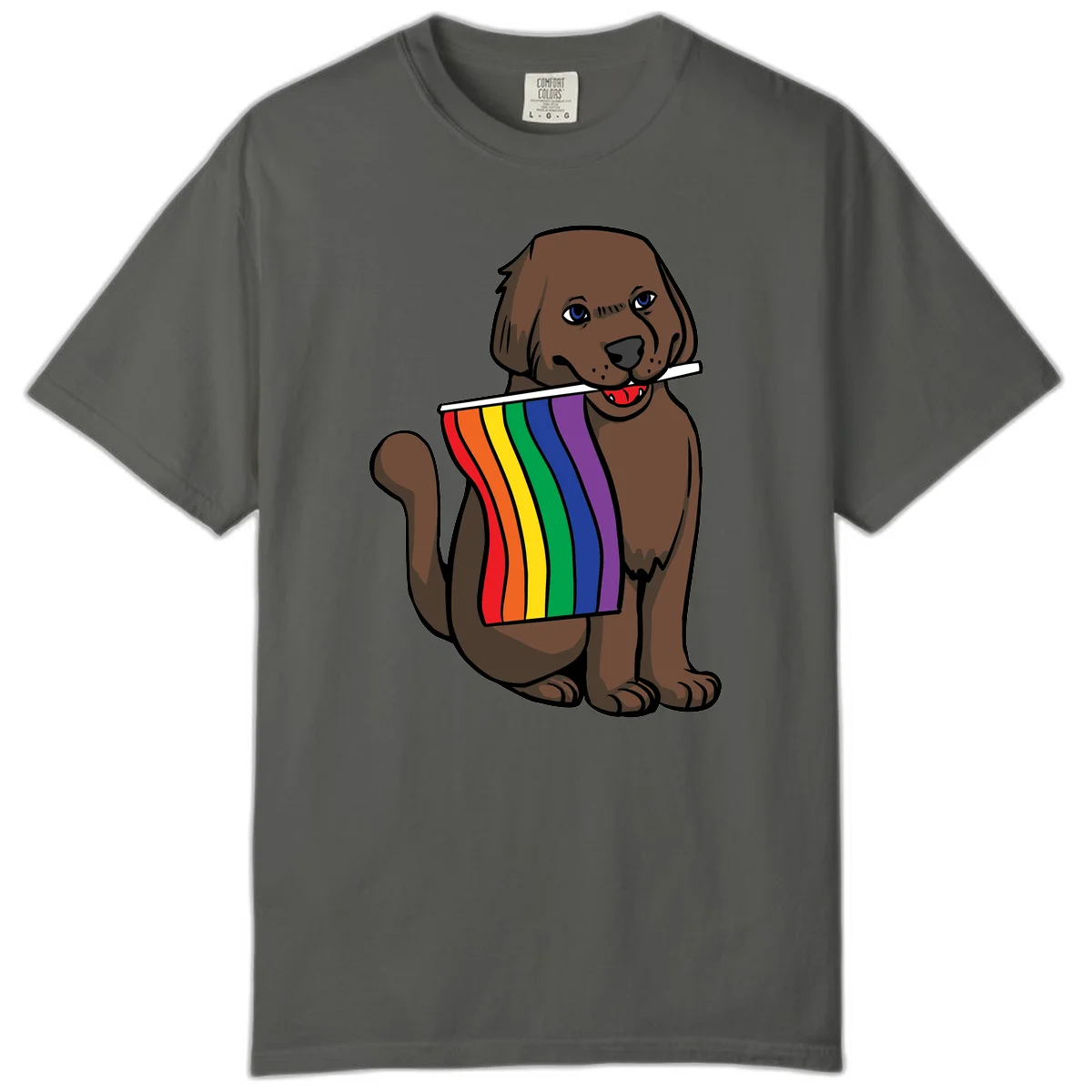 Brown dog holding rainbow pride flag with happy expression and blue eyes in Pepper
