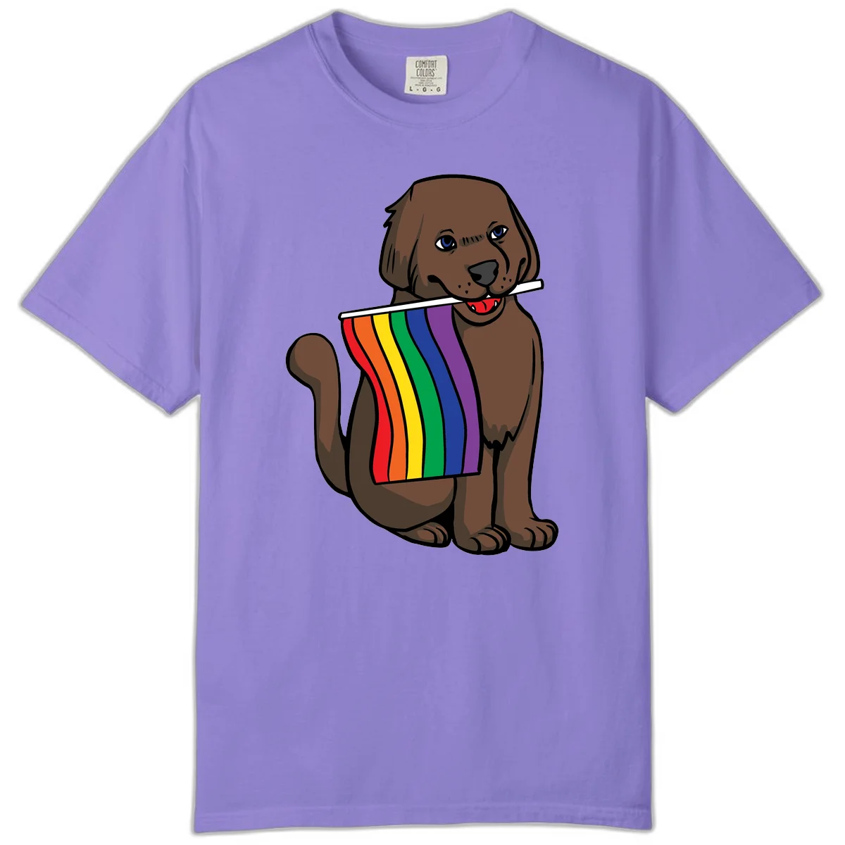 Brown dog holding rainbow pride flag with happy expression and blue eyes in Violet