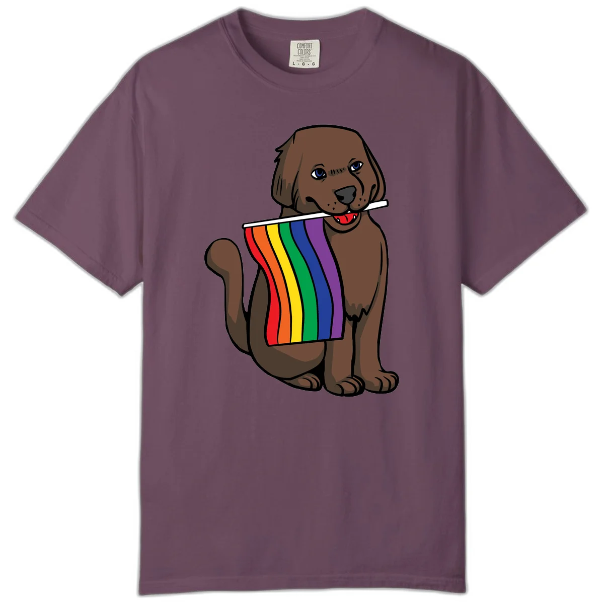 Brown dog holding rainbow pride flag with happy expression and blue eyes in Berry