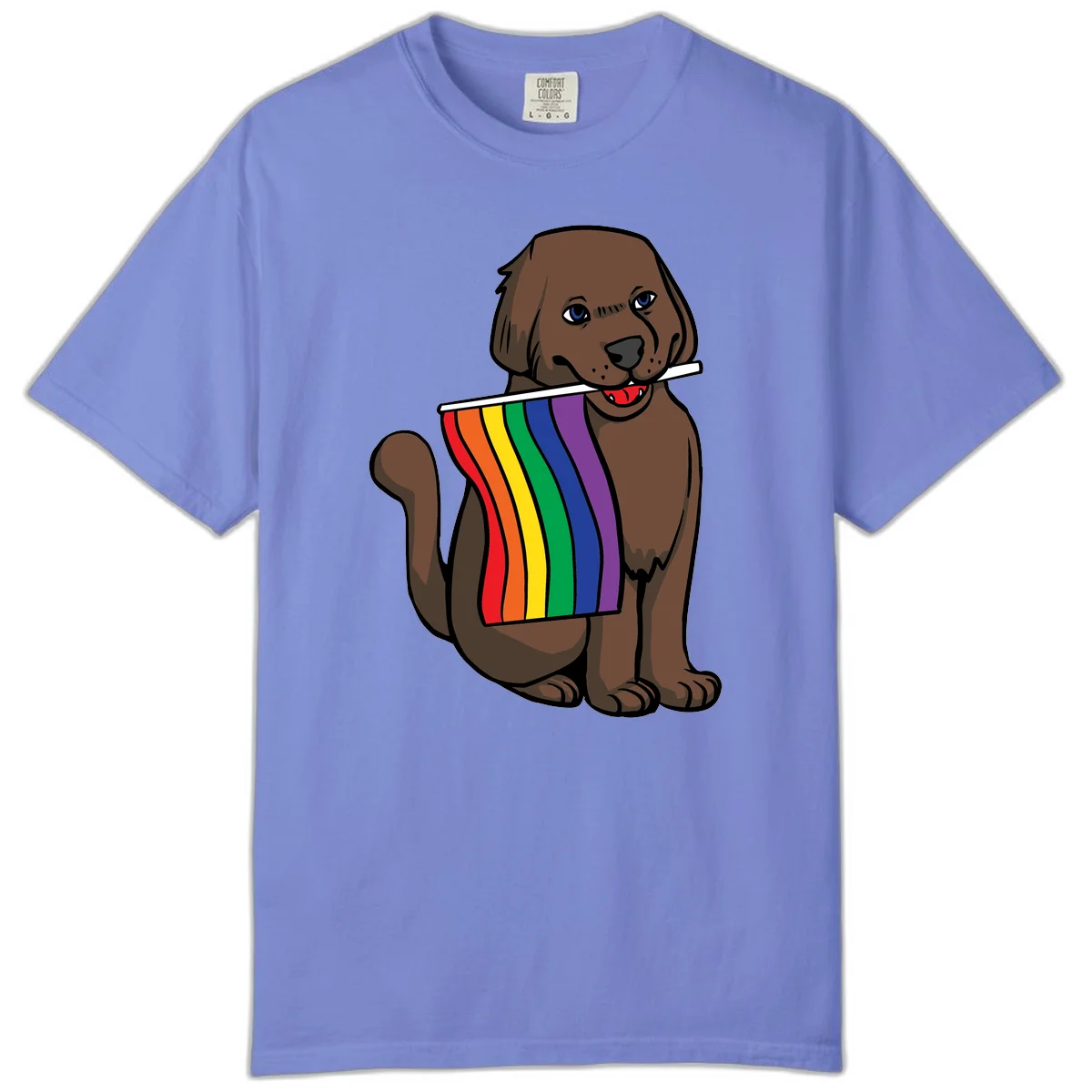 Brown dog holding rainbow pride flag with happy expression and blue eyes in Flo Blue