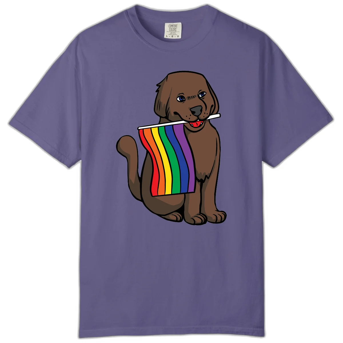 Brown dog holding rainbow pride flag with happy expression and blue eyes in Grape
