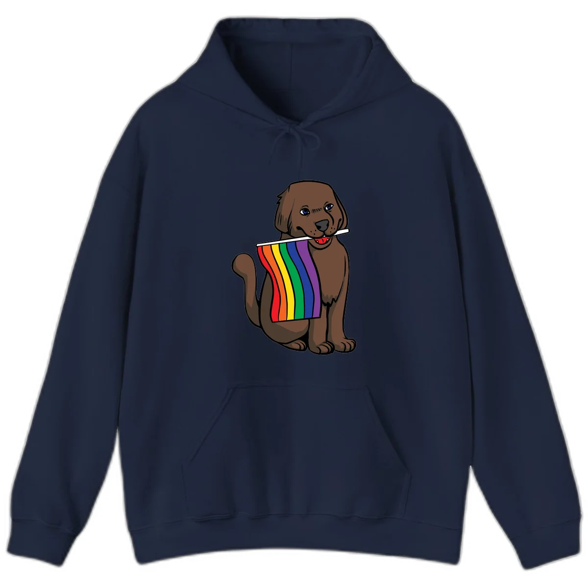 Brown dog holding rainbow pride flag with happy expression and blue eyes in Navy