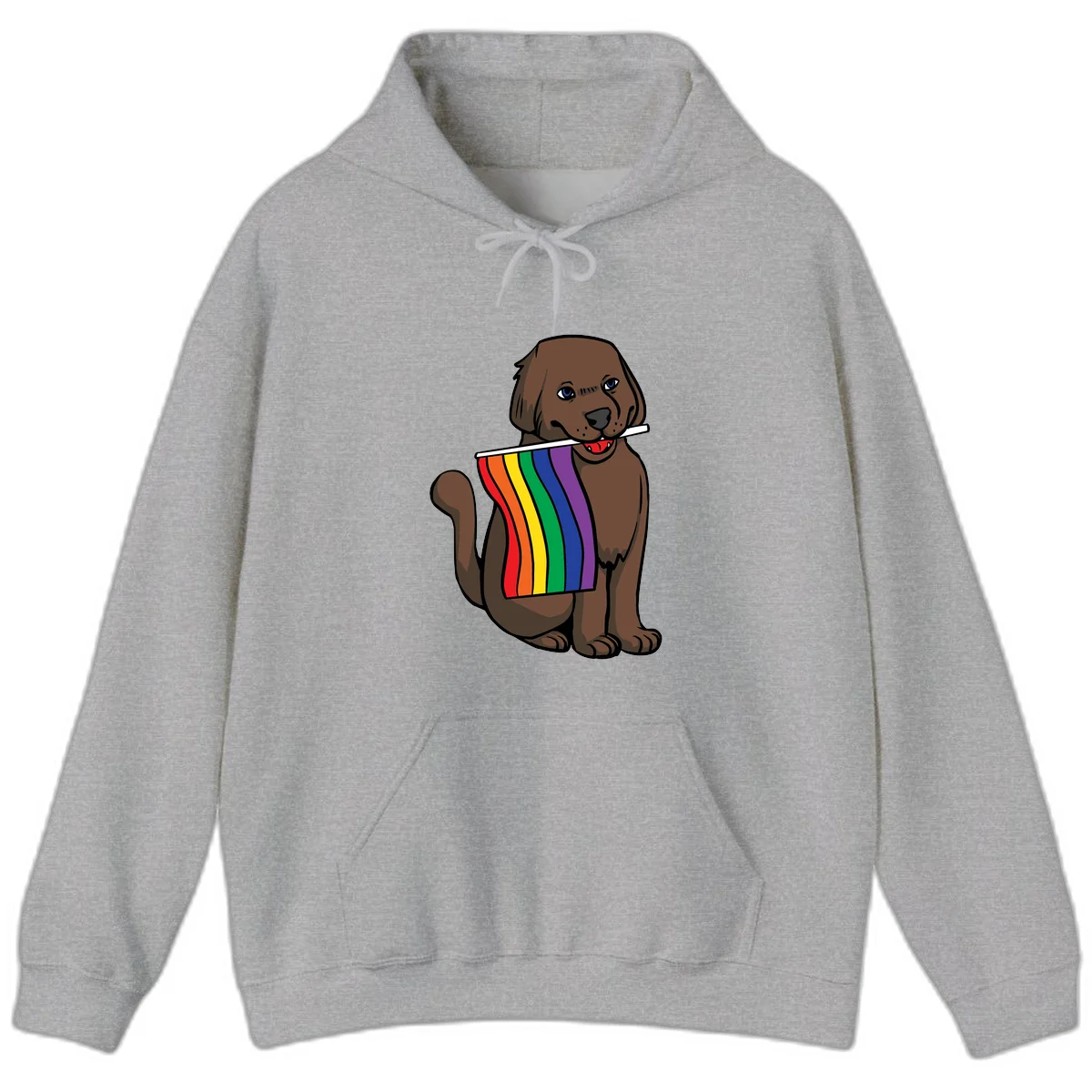Brown dog holding rainbow pride flag with happy expression and blue eyes in Sport Grey
