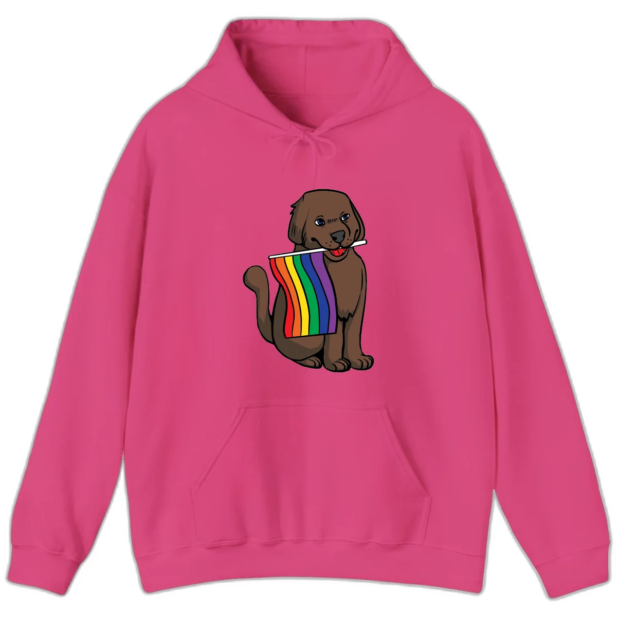 Brown dog holding rainbow pride flag with happy expression and blue eyes in Heliconia