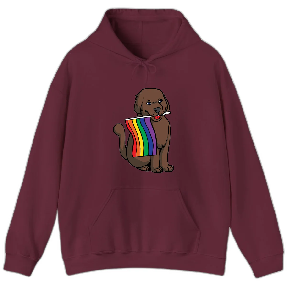 Brown dog holding rainbow pride flag with happy expression and blue eyes in Maroon