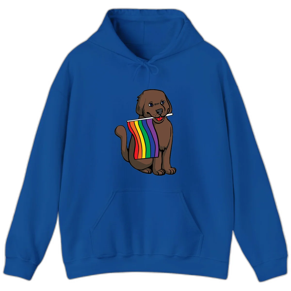 Brown dog holding rainbow pride flag with happy expression and blue eyes in Royal
