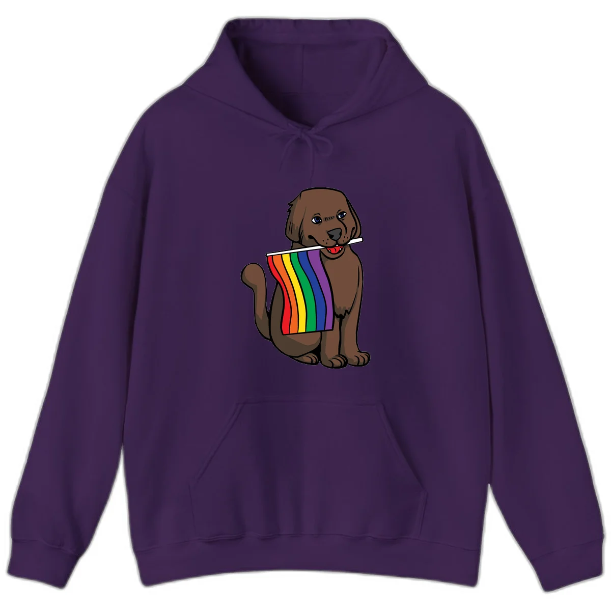 Brown dog holding rainbow pride flag with happy expression and blue eyes in Purple