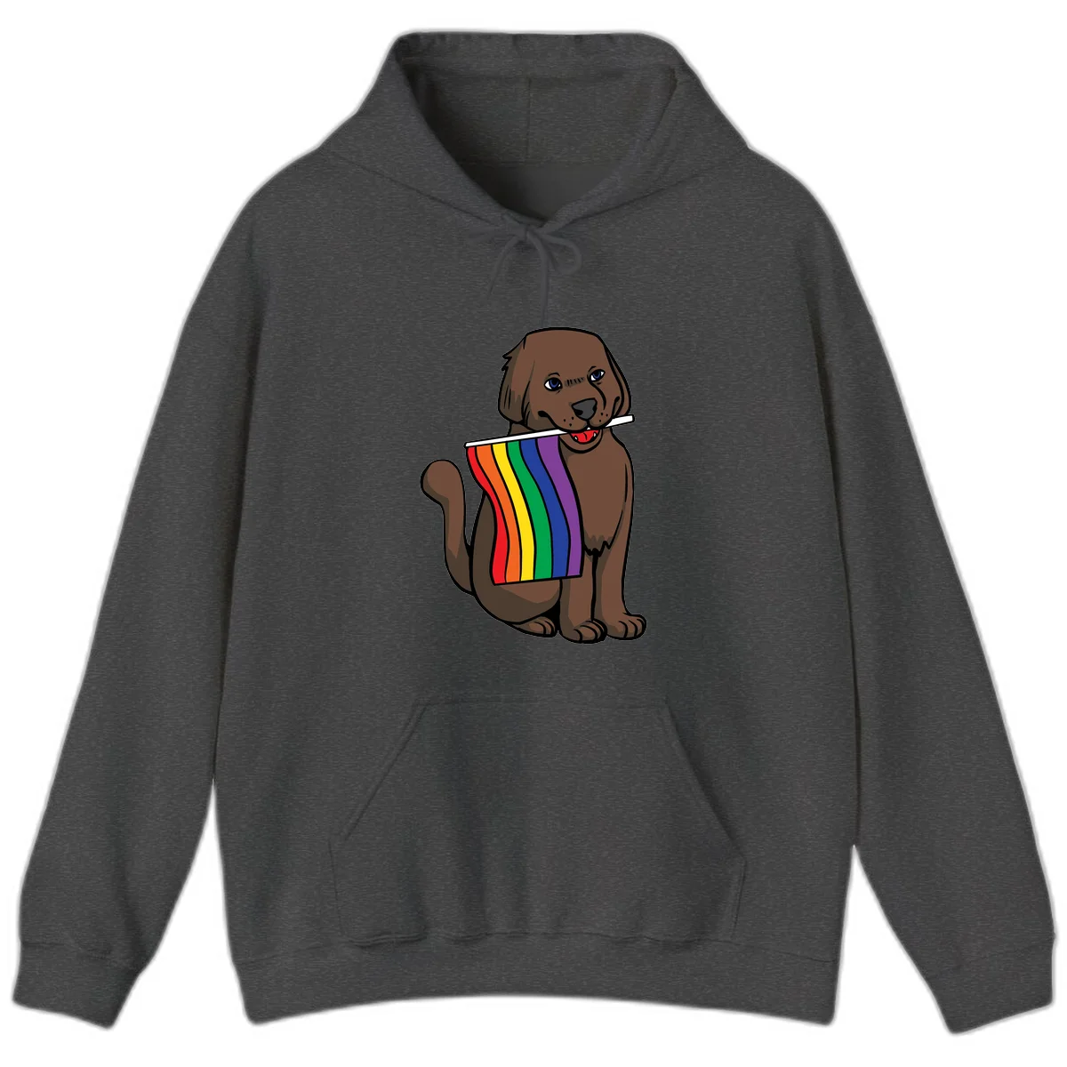 Brown dog holding rainbow pride flag with happy expression and blue eyes in Dark Heather
