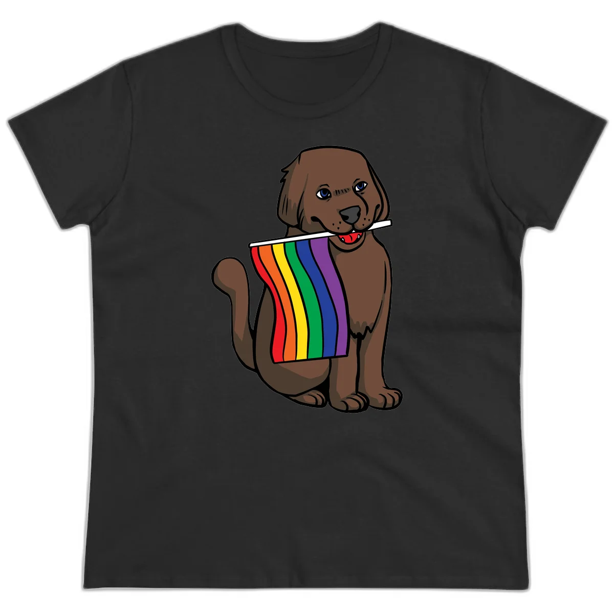 Brown dog holding rainbow pride flag with happy expression and blue eyes in Black