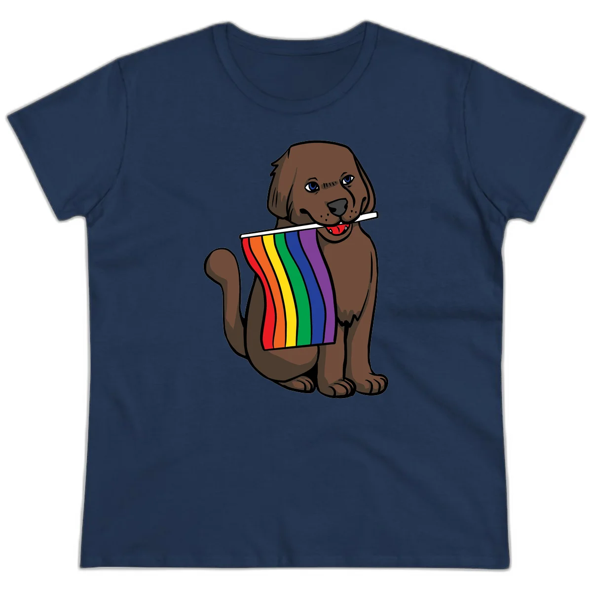 Brown dog holding rainbow pride flag with happy expression and blue eyes in Navy