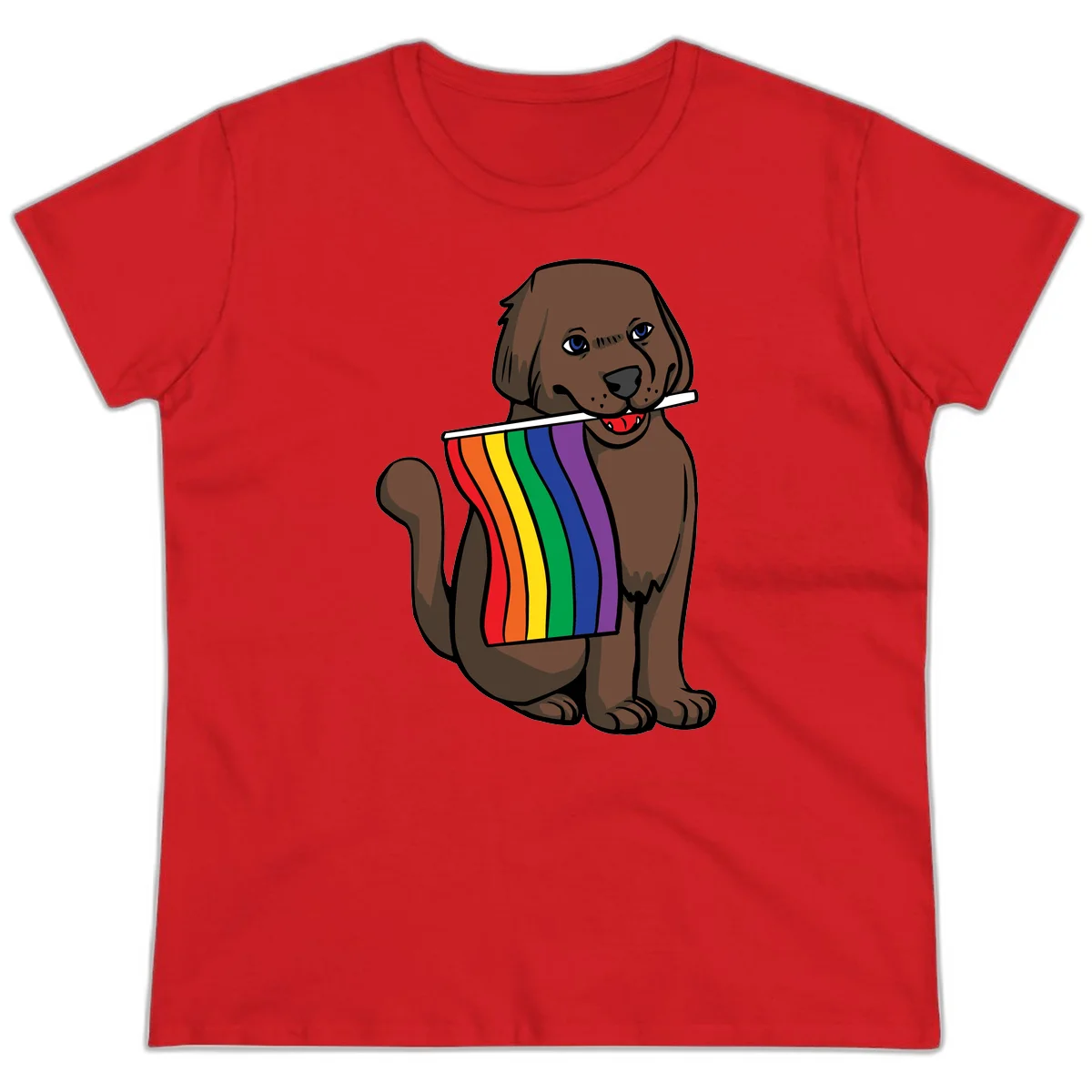 Brown dog holding rainbow pride flag with happy expression and blue eyes in Red