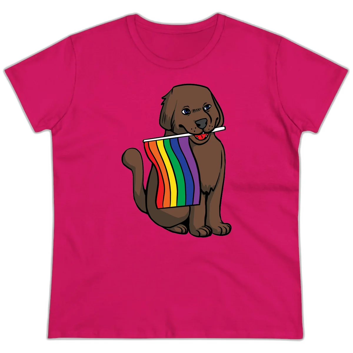 Brown dog holding rainbow pride flag with happy expression and blue eyes in Heliconia
