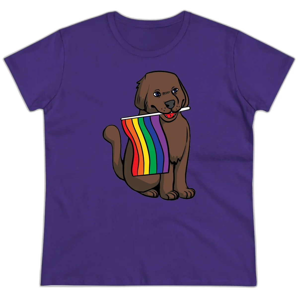 Brown dog holding rainbow pride flag with happy expression and blue eyes in Purple