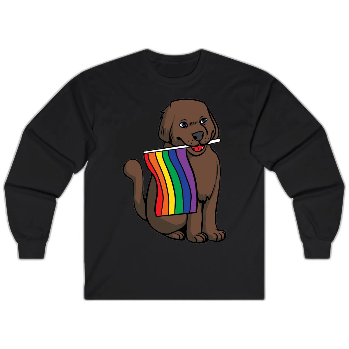 Brown dog holding rainbow pride flag with happy expression and blue eyes in Black