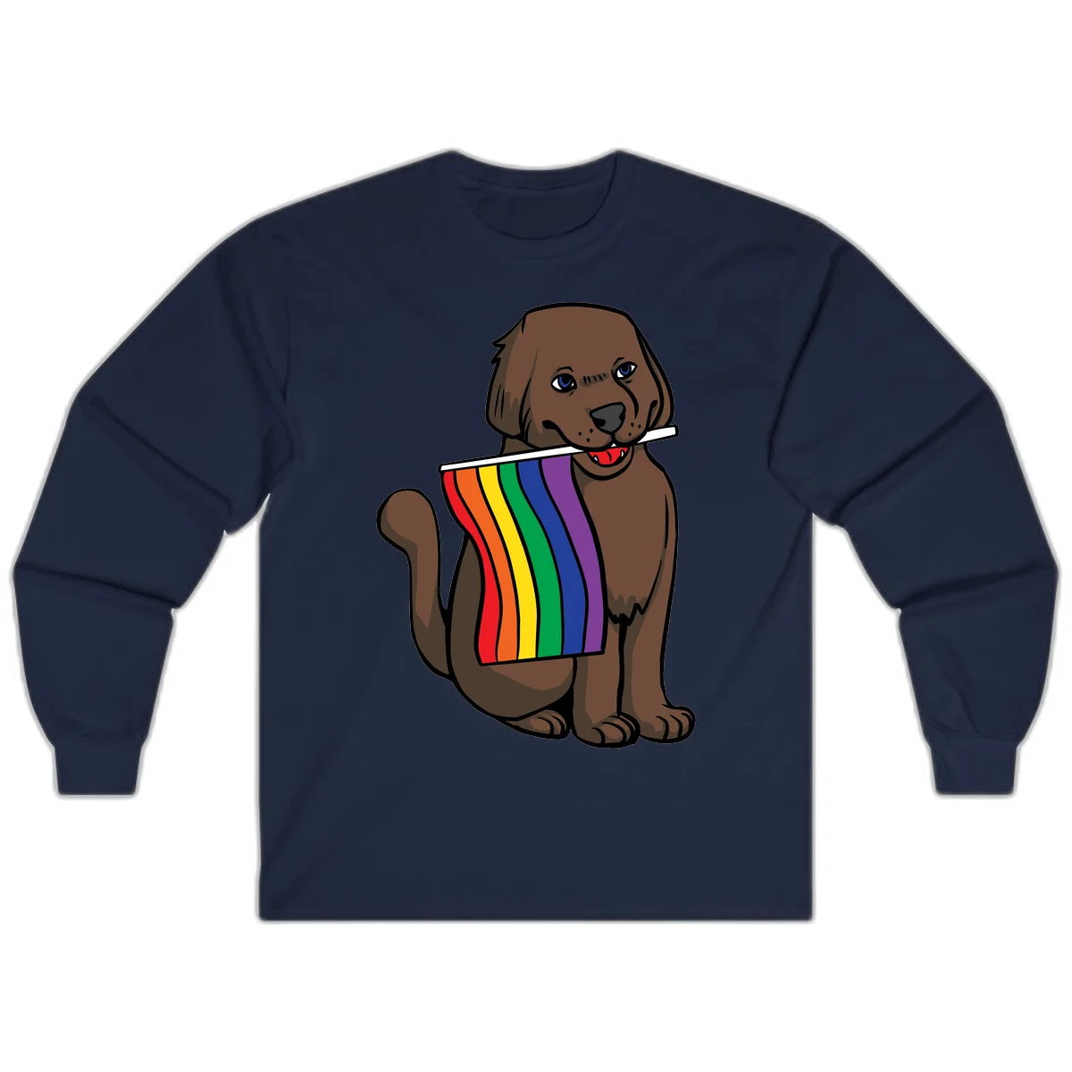 Brown dog holding rainbow pride flag with happy expression and blue eyes in Navy