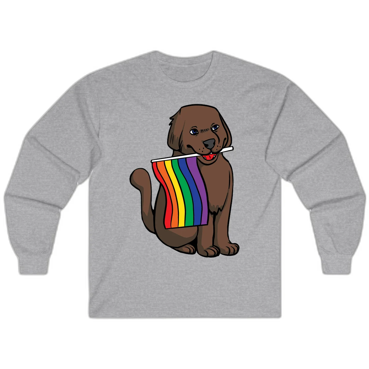 Brown dog holding rainbow pride flag with happy expression and blue eyes in Sport Grey