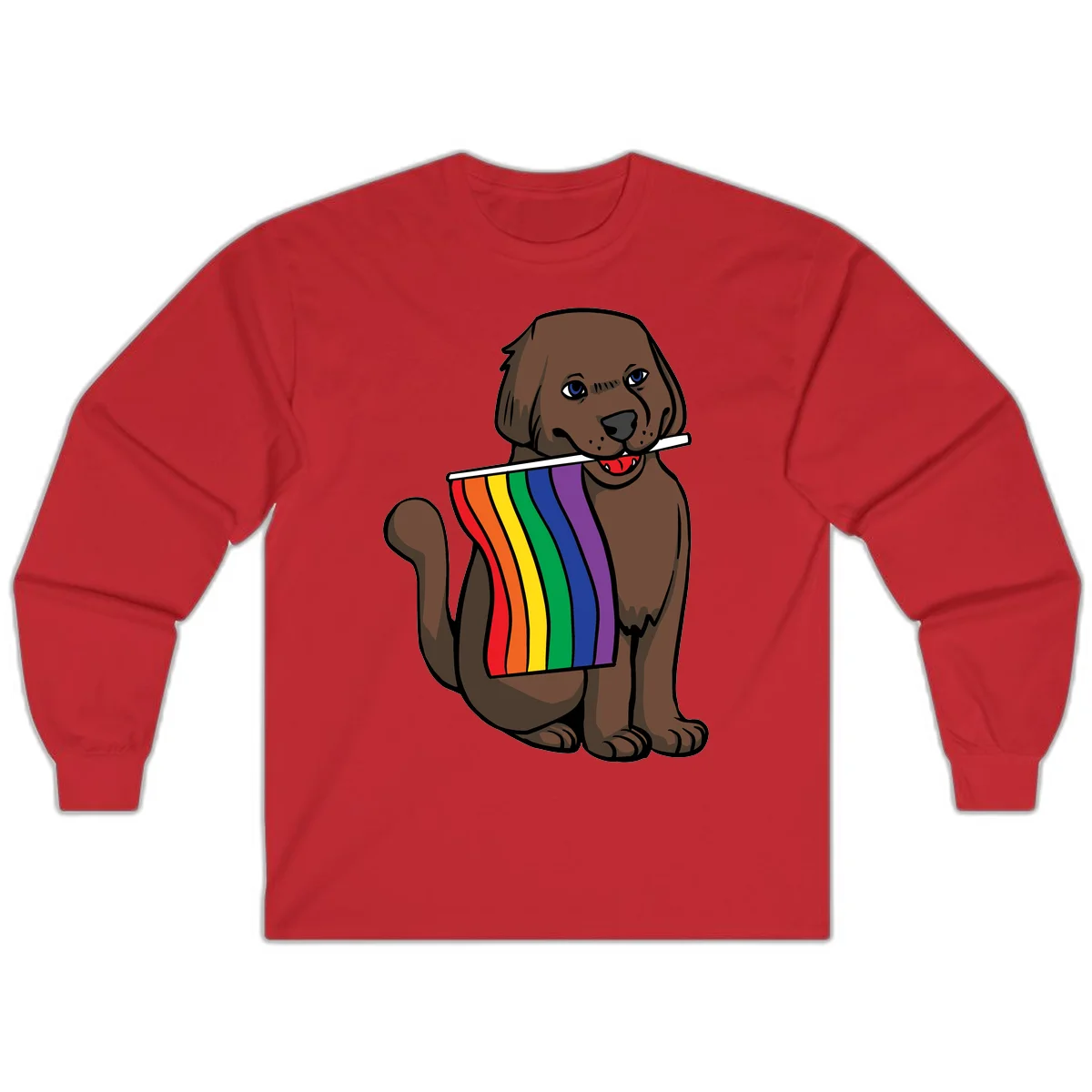 Brown dog holding rainbow pride flag with happy expression and blue eyes in Red