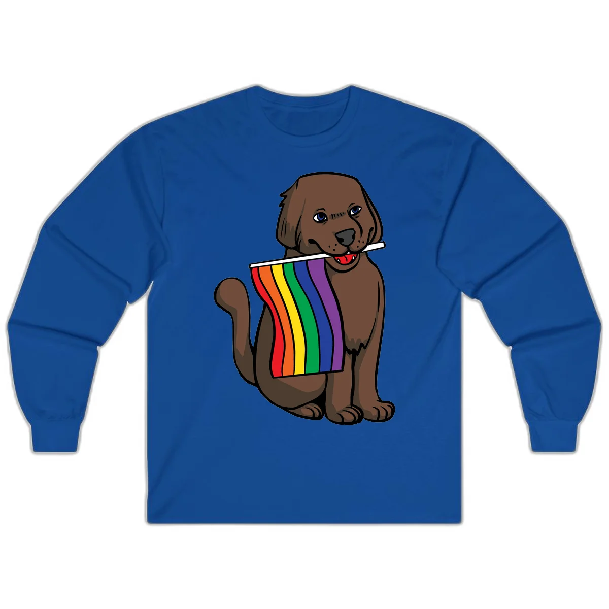 Brown dog holding rainbow pride flag with happy expression and blue eyes in Royal