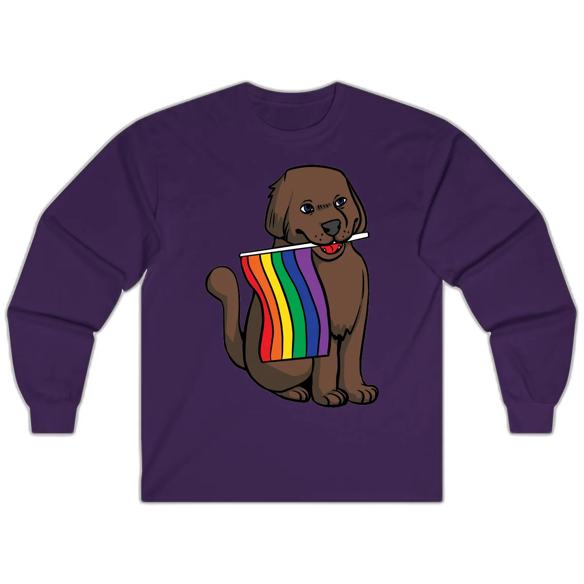 Brown dog holding rainbow pride flag with happy expression and blue eyes in Purple