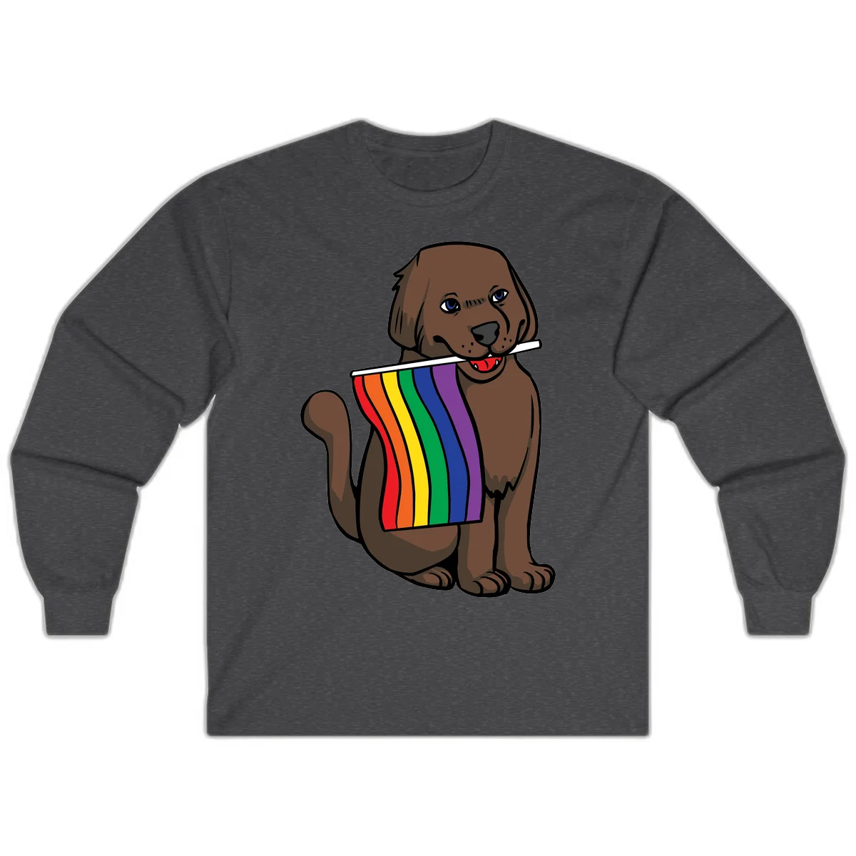 Brown dog holding rainbow pride flag with happy expression and blue eyes in Dark Heather