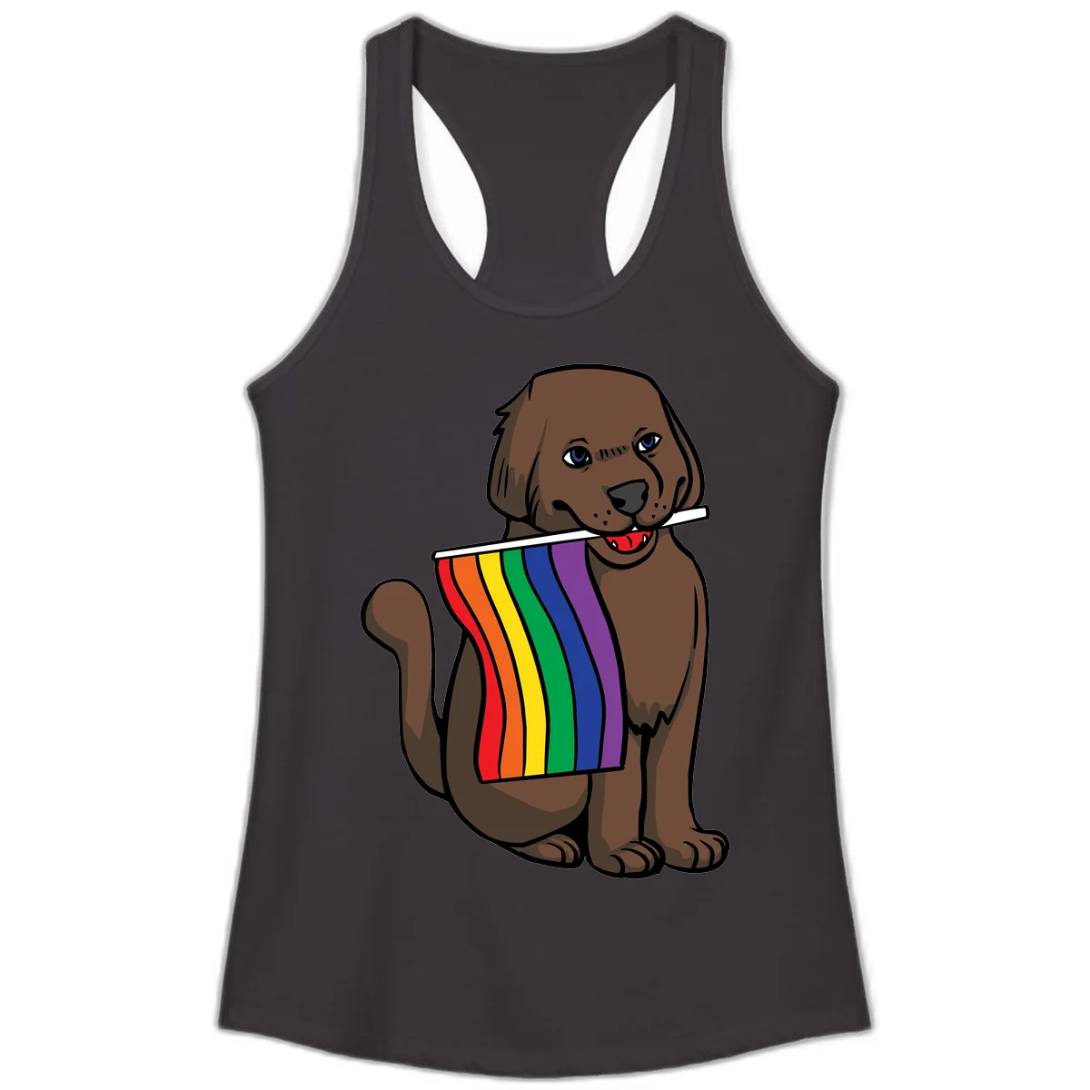 Brown dog holding rainbow pride flag with happy expression and blue eyes in Black