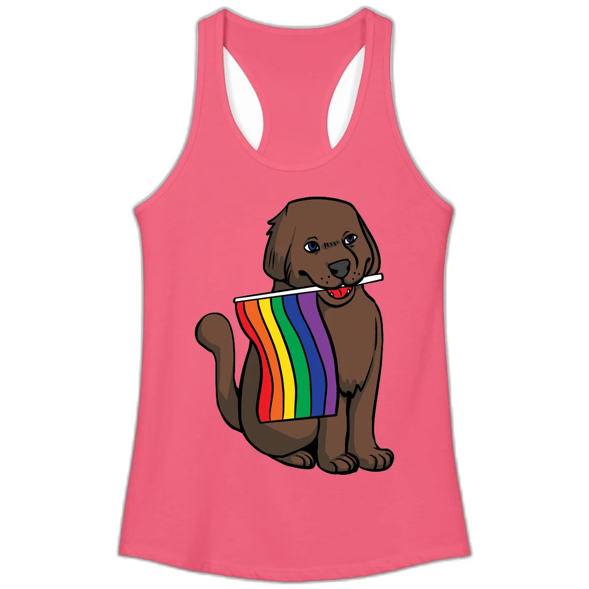 Brown dog holding rainbow pride flag with happy expression and blue eyes in Hot Pink