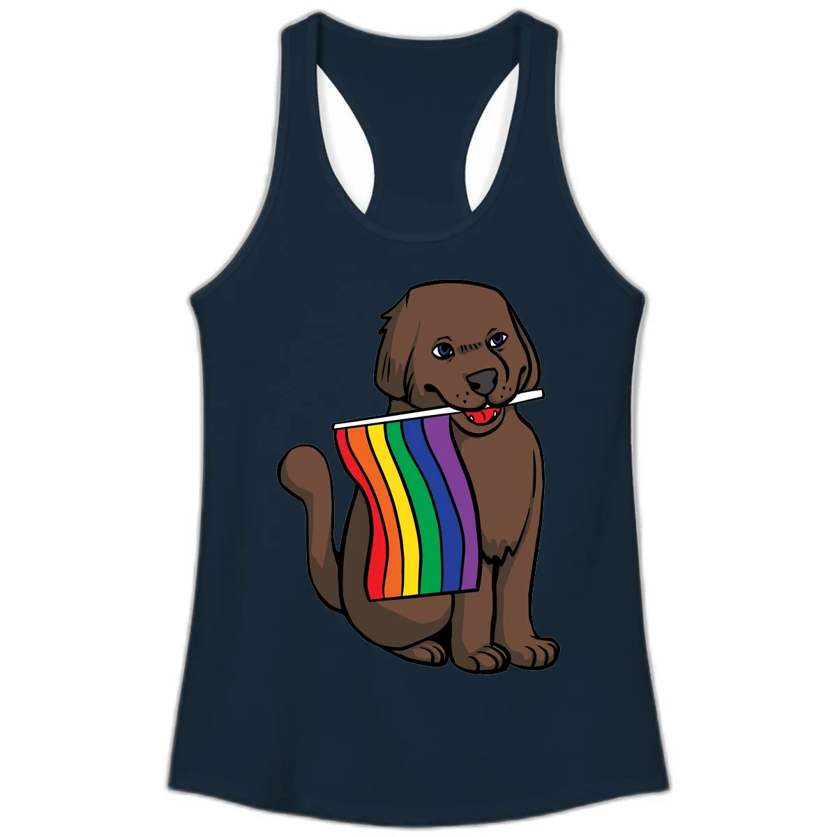 Brown dog holding rainbow pride flag with happy expression and blue eyes in Solid Midnight Navy