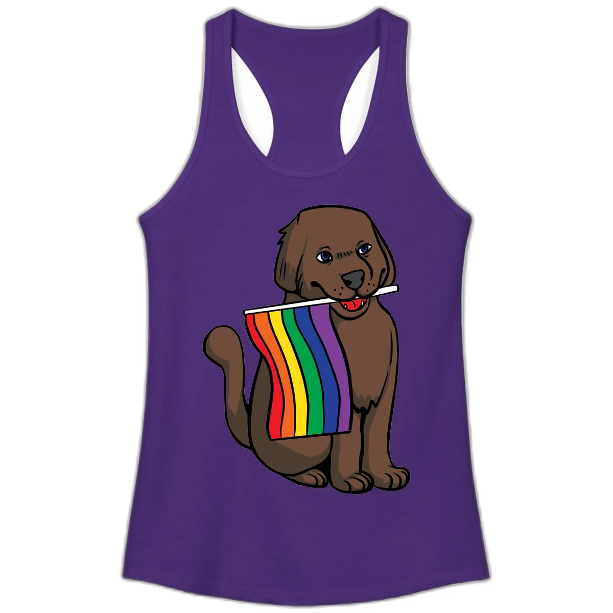 Brown dog holding rainbow pride flag with happy expression and blue eyes in Solid Purple Rush