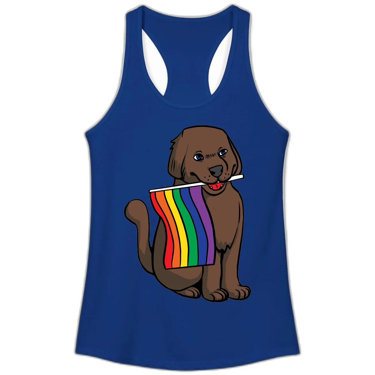 Brown dog holding rainbow pride flag with happy expression and blue eyes in Solid Royal