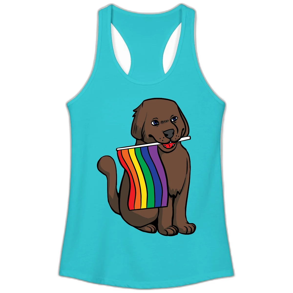 Brown dog holding rainbow pride flag with happy expression and blue eyes in Solid Tahiti Blue