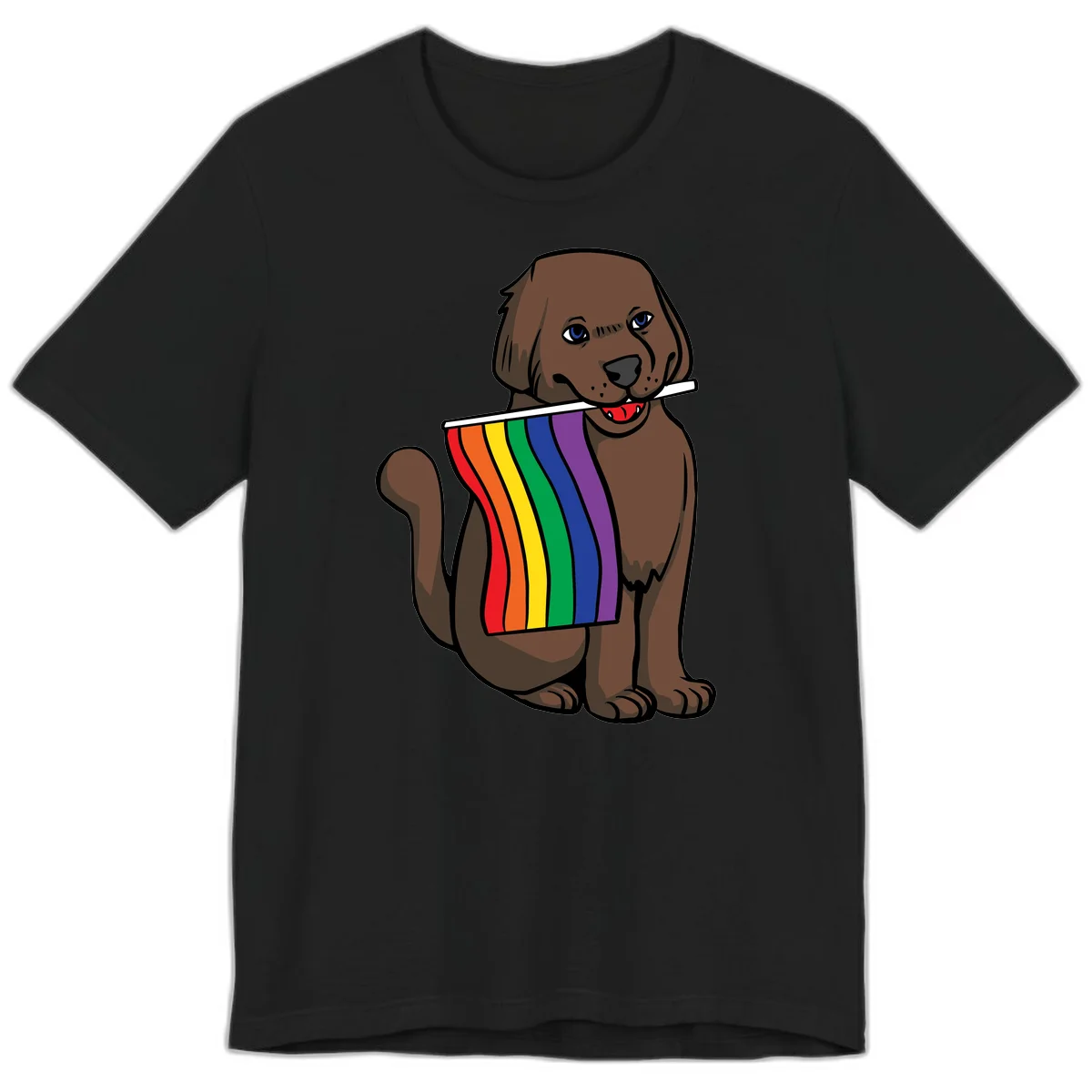 Brown dog holding rainbow pride flag with happy expression and blue eyes in Black