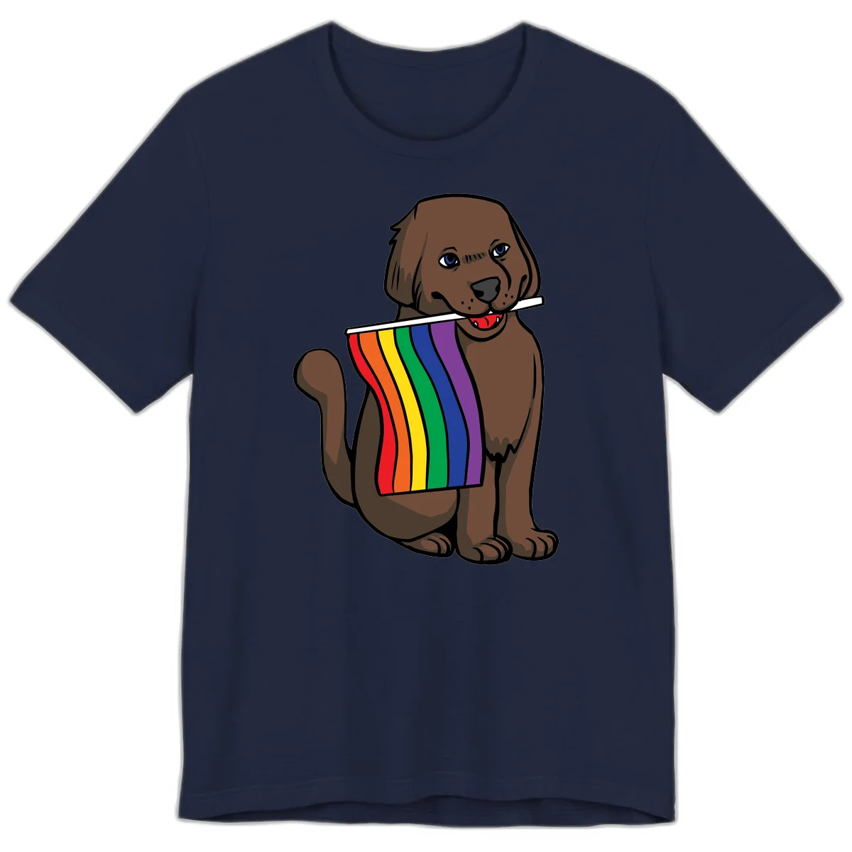Brown dog holding rainbow pride flag with happy expression and blue eyes in Navy