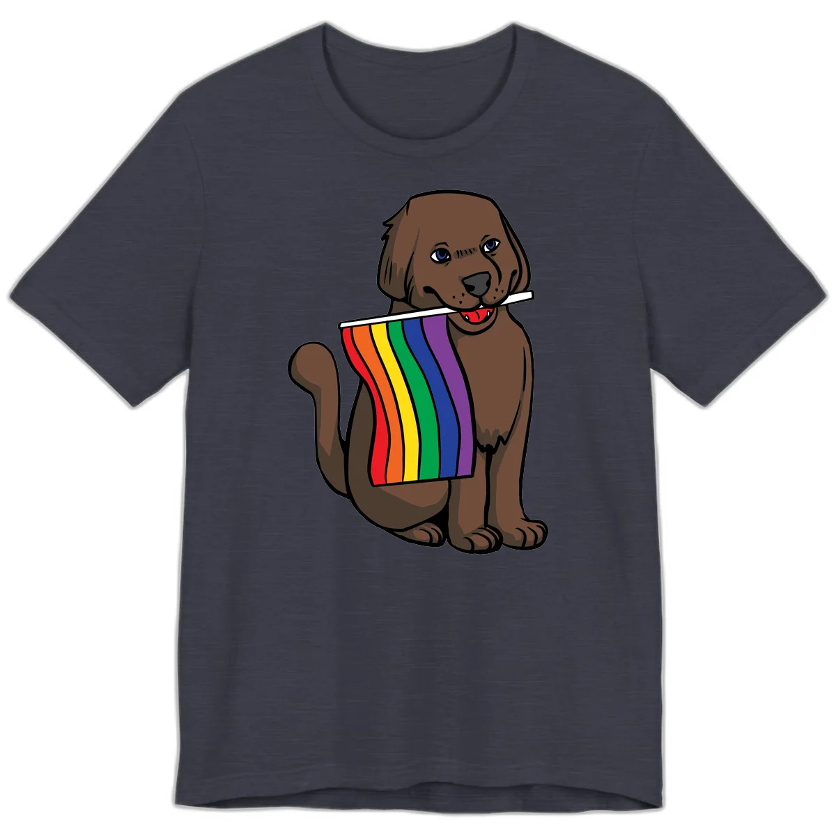 Brown dog holding rainbow pride flag with happy expression and blue eyes in Heather Midnight Navy