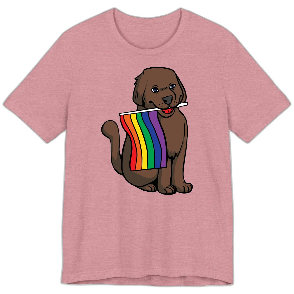 Brown dog holding rainbow pride flag with happy expression and blue eyes in Heather Orchid