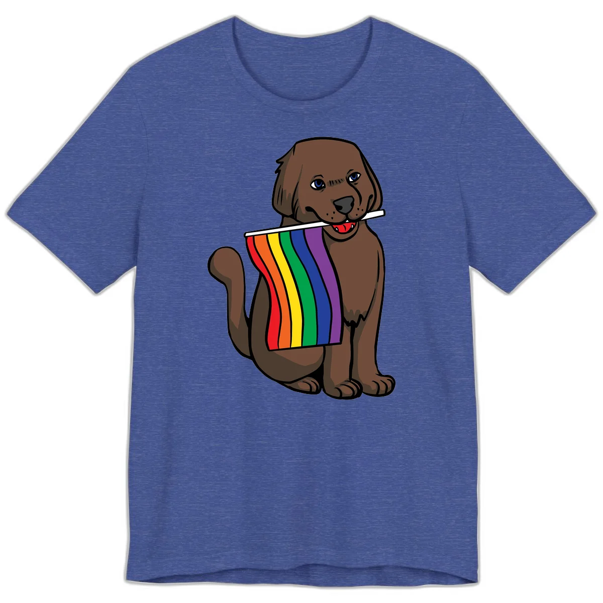 Brown dog holding rainbow pride flag with happy expression and blue eyes in Heather True Royal