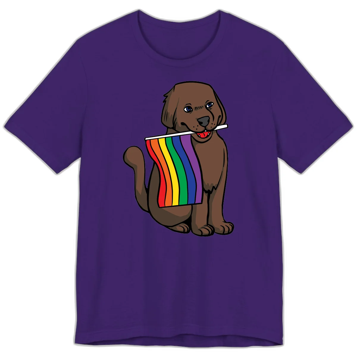 Brown dog holding rainbow pride flag with happy expression and blue eyes in Team Purple