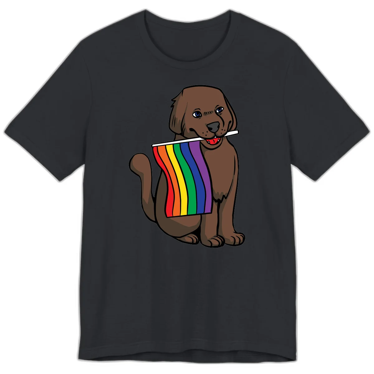 Brown dog holding rainbow pride flag with happy expression and blue eyes in Vintage Black